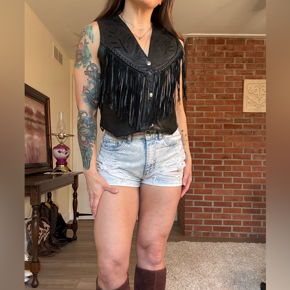 Vintage Black Fringe Leather Biker Vest